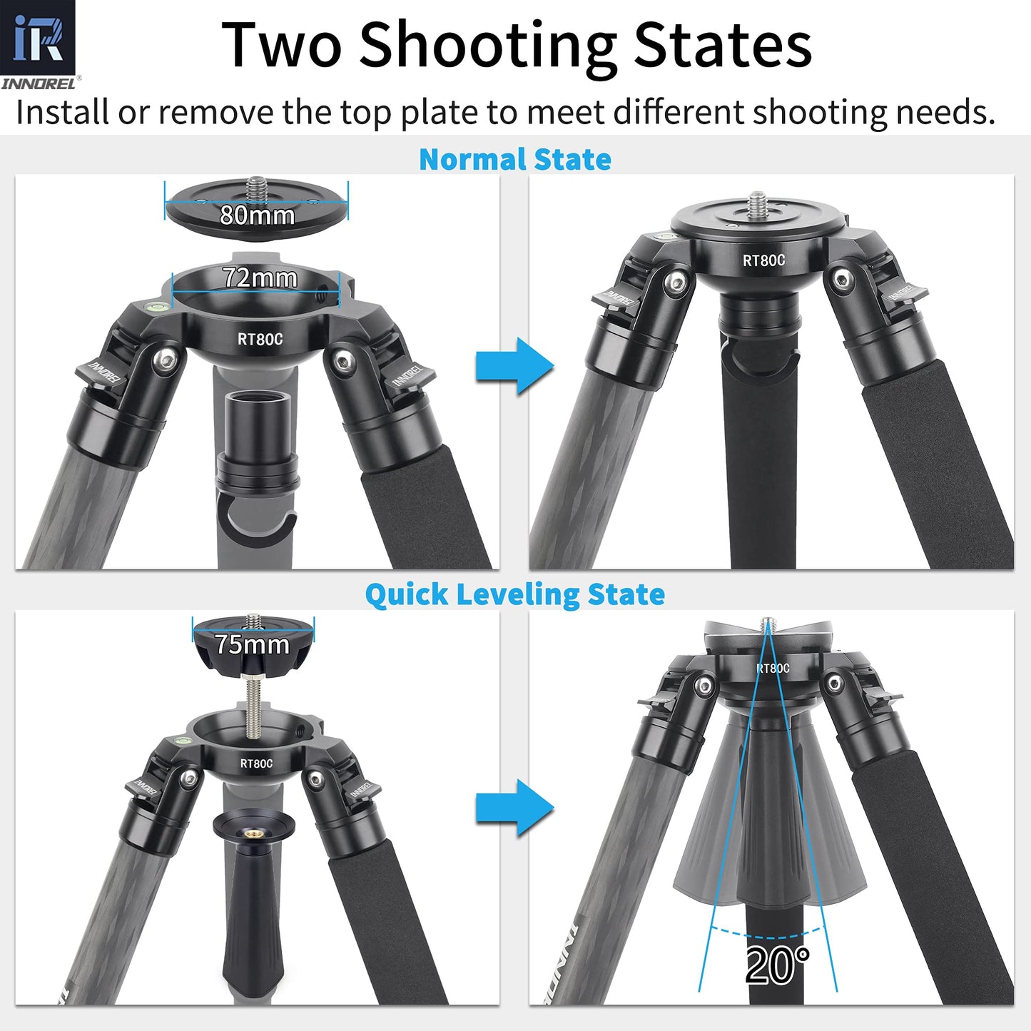INNOREL RT80C Carbon Fiber Tripod - Professional Birdwatching, Heavy Duty Camera Stand (Max Tube 32mm, Bowl Adapter Included, 20kg Max Load)