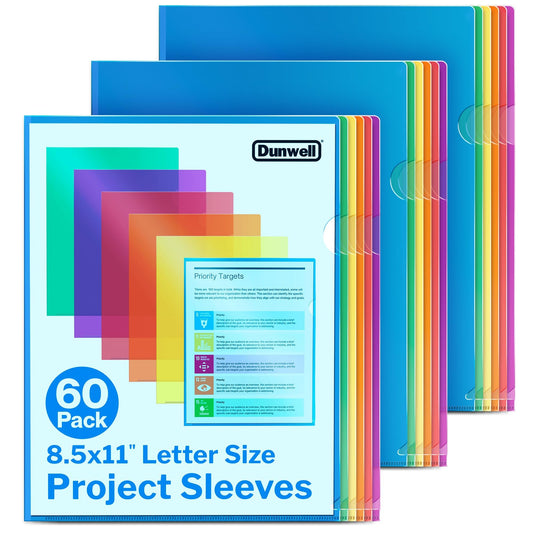 Dunwell Clear Folders for Documents, Plastic 8.5x11 File Sleeves for Document Protection, Filing, Storage, Organization (60 Pack) Colorful Folders