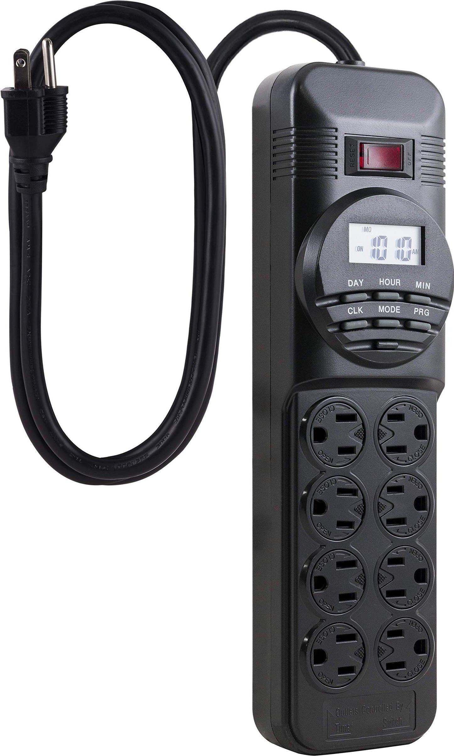 GE 7-Day Digital Power Strip with Timer, 15 AMP, 1800W, 120V, 8 Outlet Timer, 4 Timed / 4 Always On Extension Chord with Timer, Custom Indoor Light