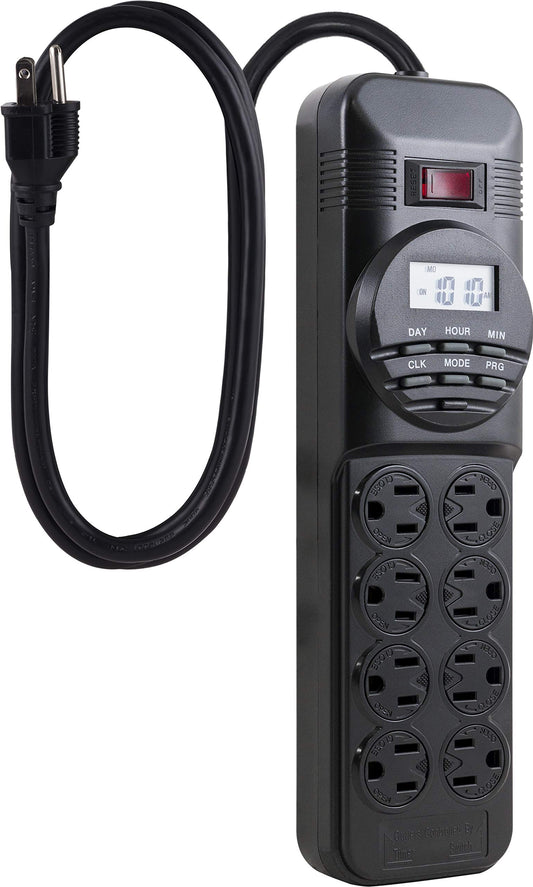 GE 7-Day Digital Power Strip with Timer, 15 AMP, 1800W, 120V, 8 Outlet Timer, 4 Timed / 4 Always On Extension Chord with Timer, Custom Indoor Light