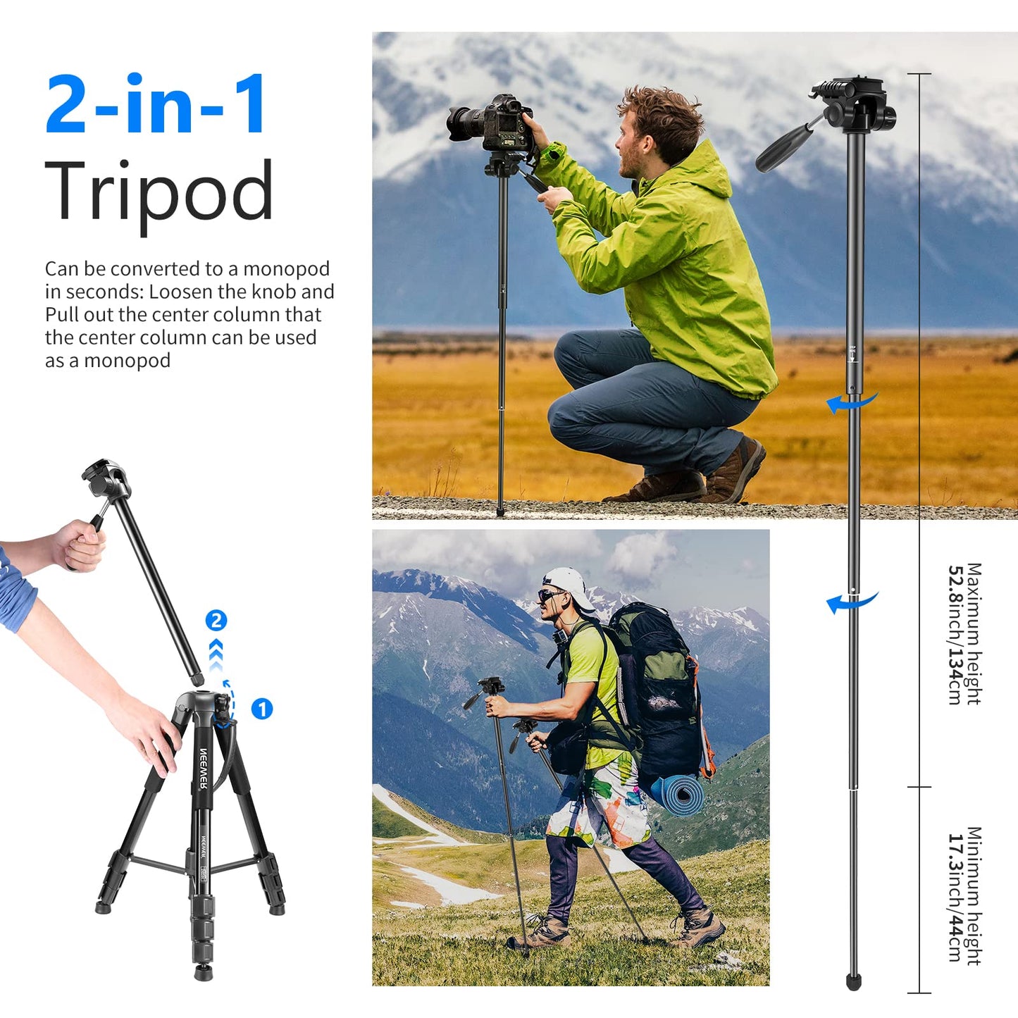 NEEWER Portable Aluminum Alloy Camera 2 in 1 Tripod Monopod Max. 70"/177cm with 3 Way Swivel Pan Head and Carrying Bag for DSLR, DV Video Camcorder