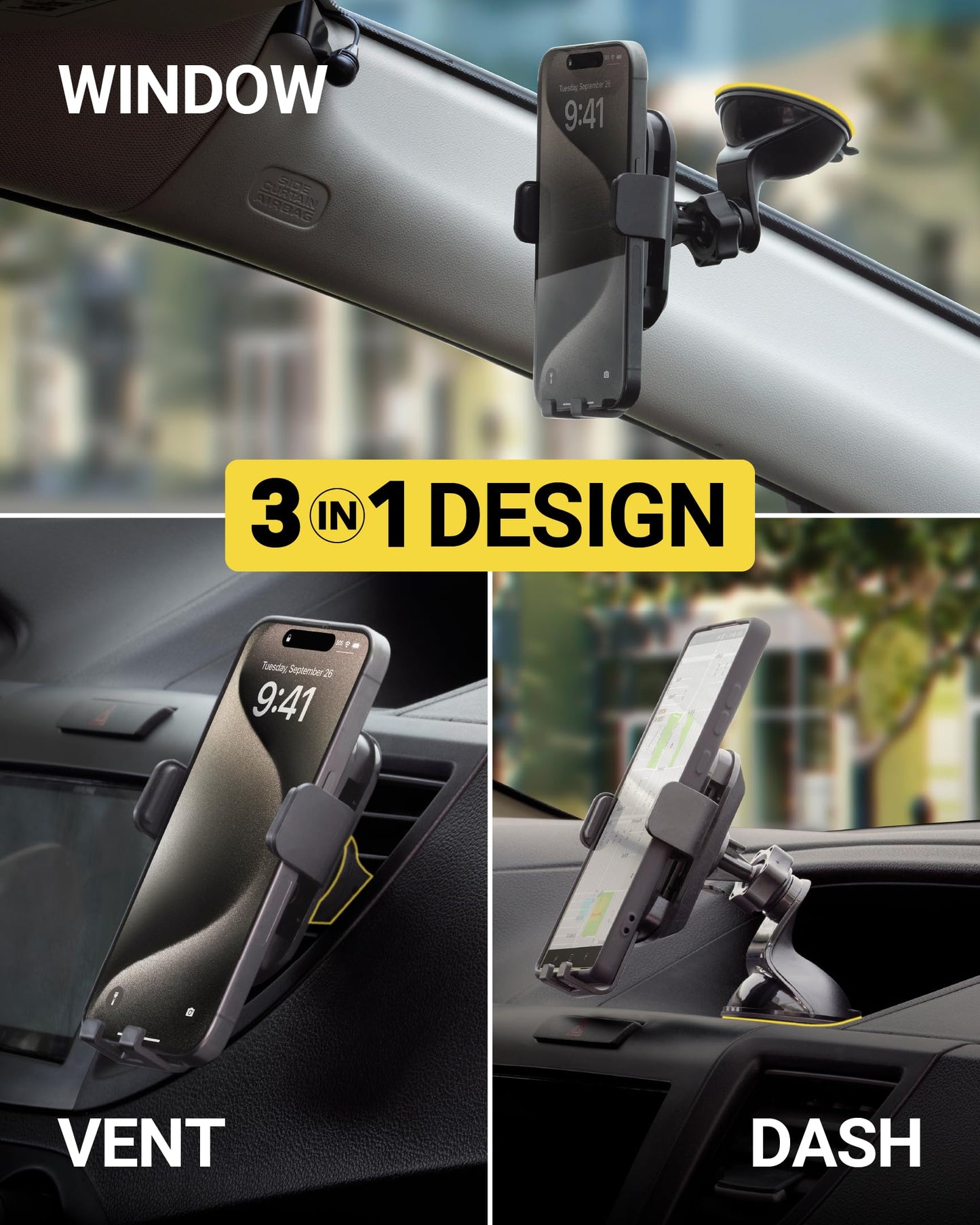 Scosche GHVWD 3-in-1 Universal Suction Cup Phone Mount for Car and Truck Dashboard/Windshield/Vent Mount, 360° Adjustable Phone Stand, Cell Phone