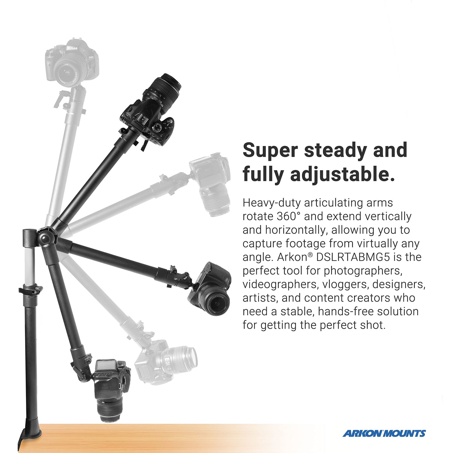 ARKON Mounts Overhead Camera Mount | Includes Ceiling Mount Bracket, Phone Holder, Tablet Holder, & Camera Mount | 360° Adjustable | Durable & Super