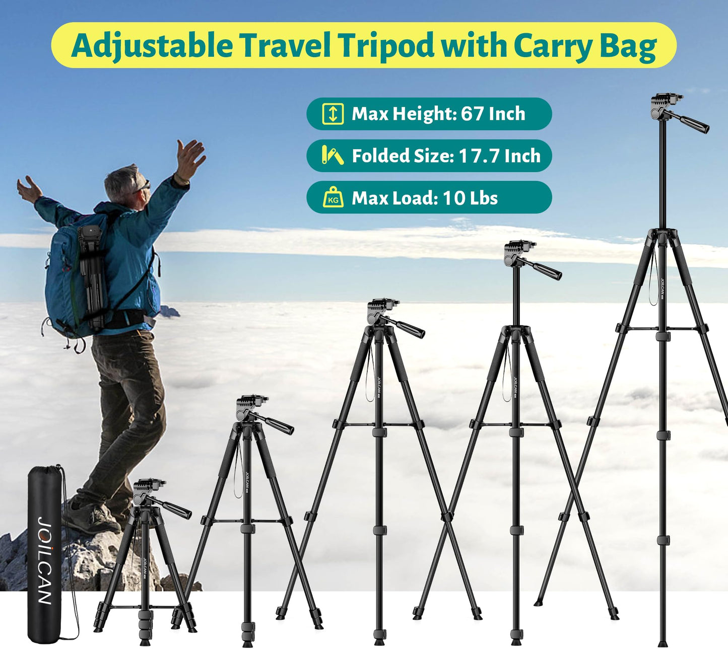 JOILCAN Phone Tripod, 67" Camera Tripod Stand for iPhone iPad, Professional Aluminum Travel Tripods with Wireless Remote and Carry Bag for Cellphone