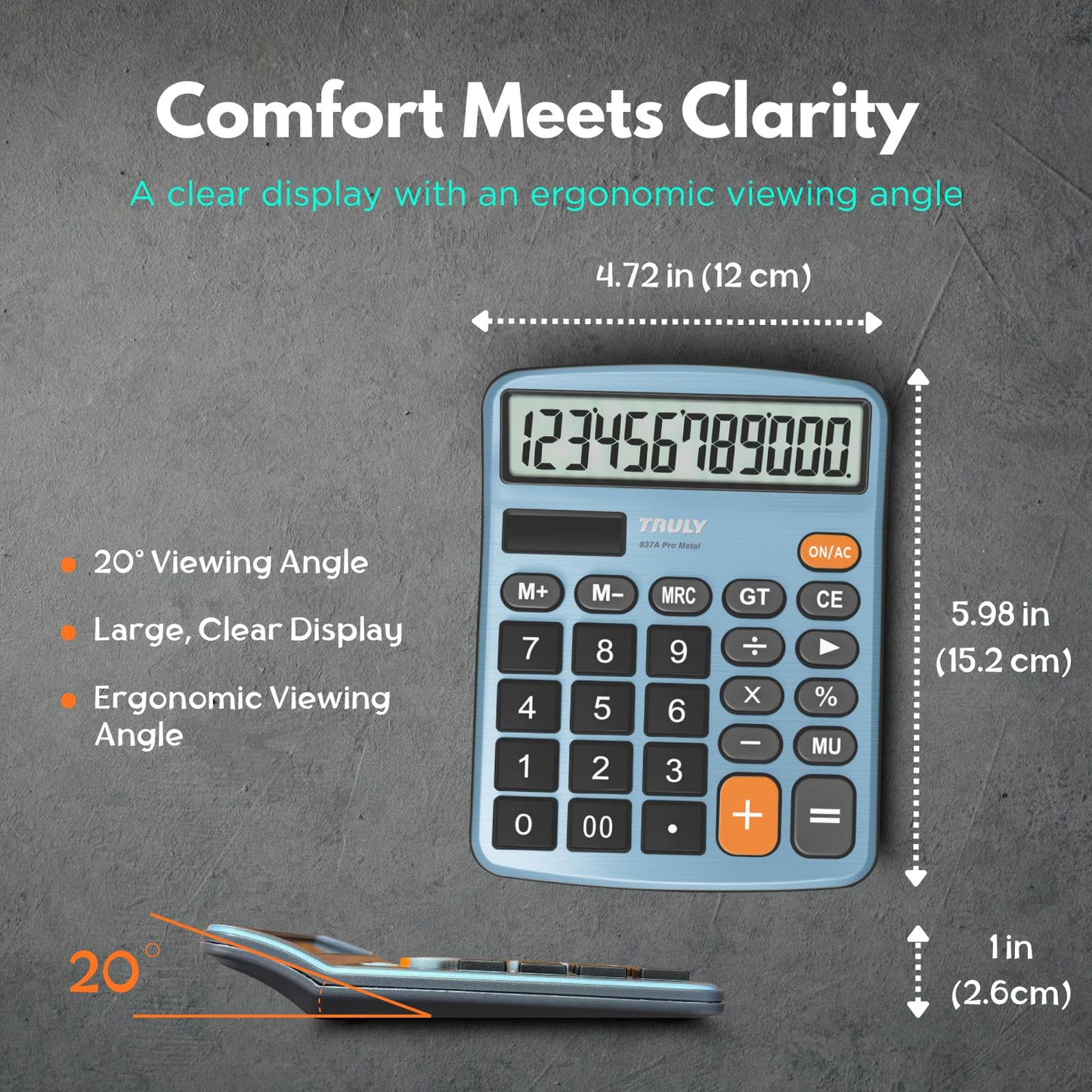 TRULY 12-Digit Desktop Calculator with Large Display, Big Buttons, Dual Power (Solar + Battery), Metal Finish, Ideal for Office, Home, School - 837A