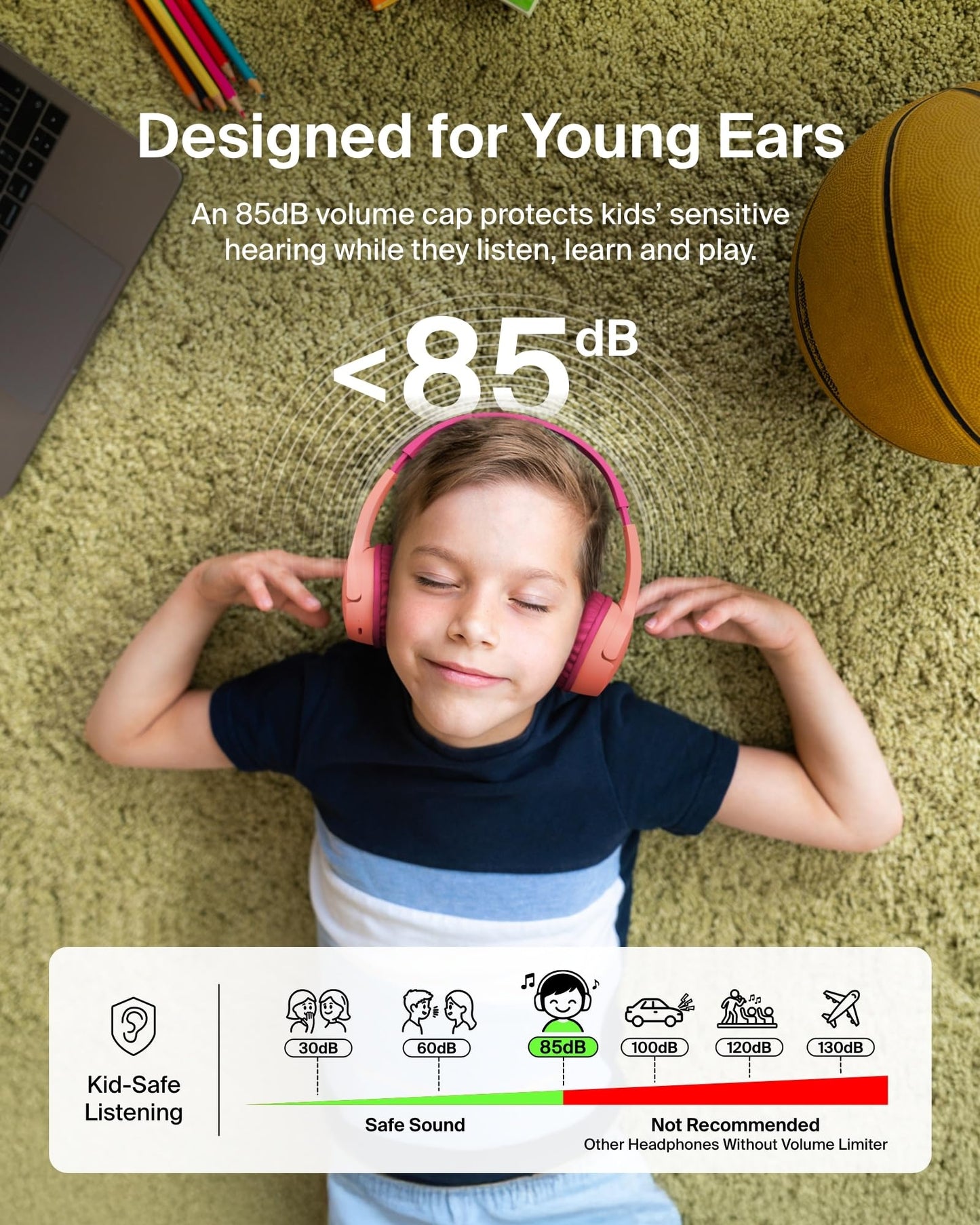 Belkin SoundForm Mini w/Case - Wireless Bluetooth Kids Headphones with 30H Battery Life, 85dB Safe Volume Limit, Built-in Microphone - Kids On-Ear…