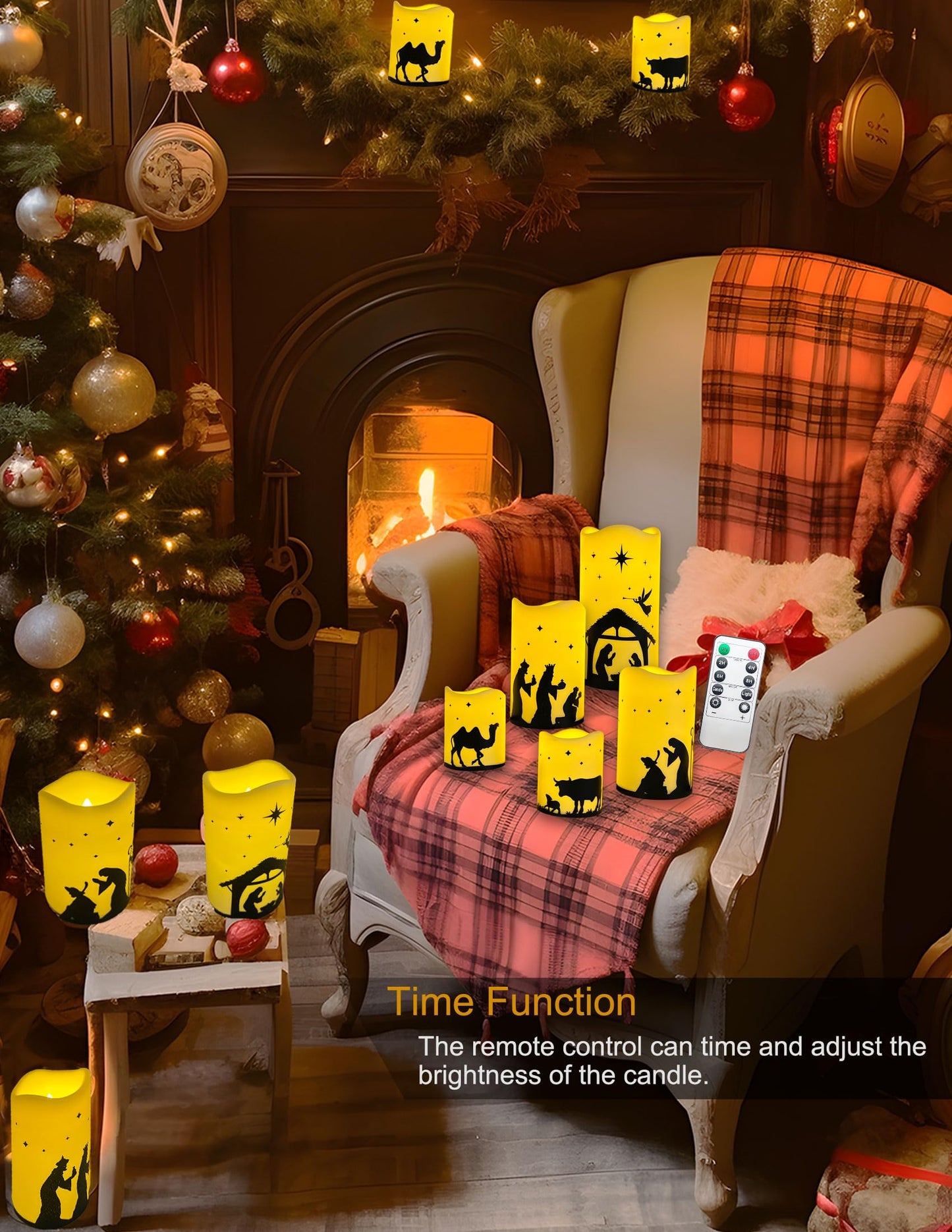 QVAIVE Flameless Christmas Nativity Scene Candles, Pillar Flickering Religion Candle with Timer Remote,Battery Operated LED Fake Candle for Xmas Home