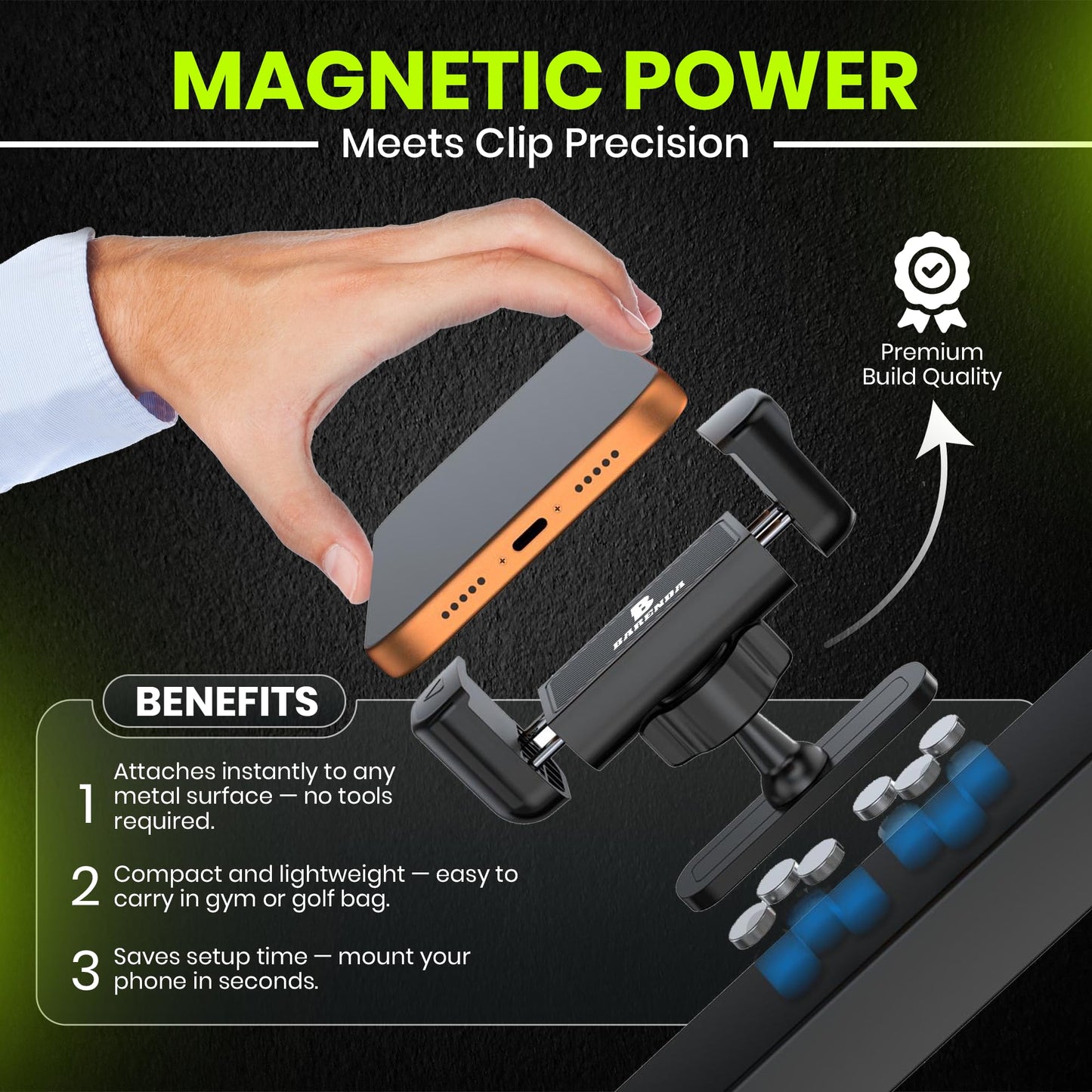 BARENDA Magnetic Phone Holder for Gym with N52 Magnet and Secure Clip, Strong Magnetic Phone Mount for All Phones, Attaches to Metal Surfaces