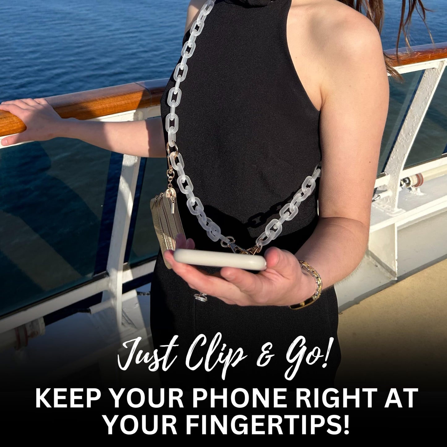 Save the Girls Clip and Go Phone Chain with Pouch (White - Gold Pouch) - Stylish Phone Lanyard Crossbody with Wallet for Women, Hands-Free Carrying