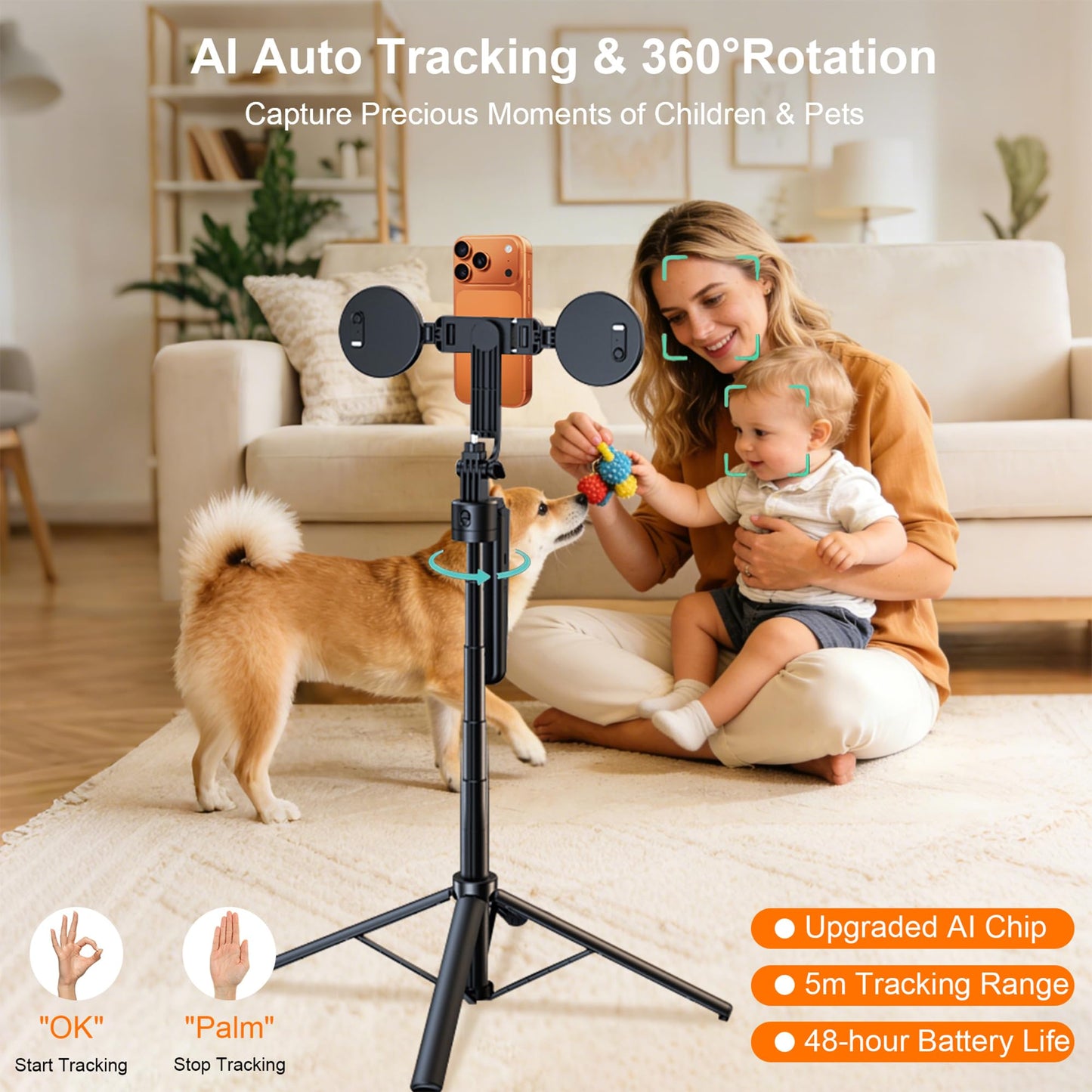 Tripod for iPhone with Light Vlogging Camera, Auto Face Tracking Tripod 360 Rotation with Remote, No App, Portable Travel Phone Holder for Video
