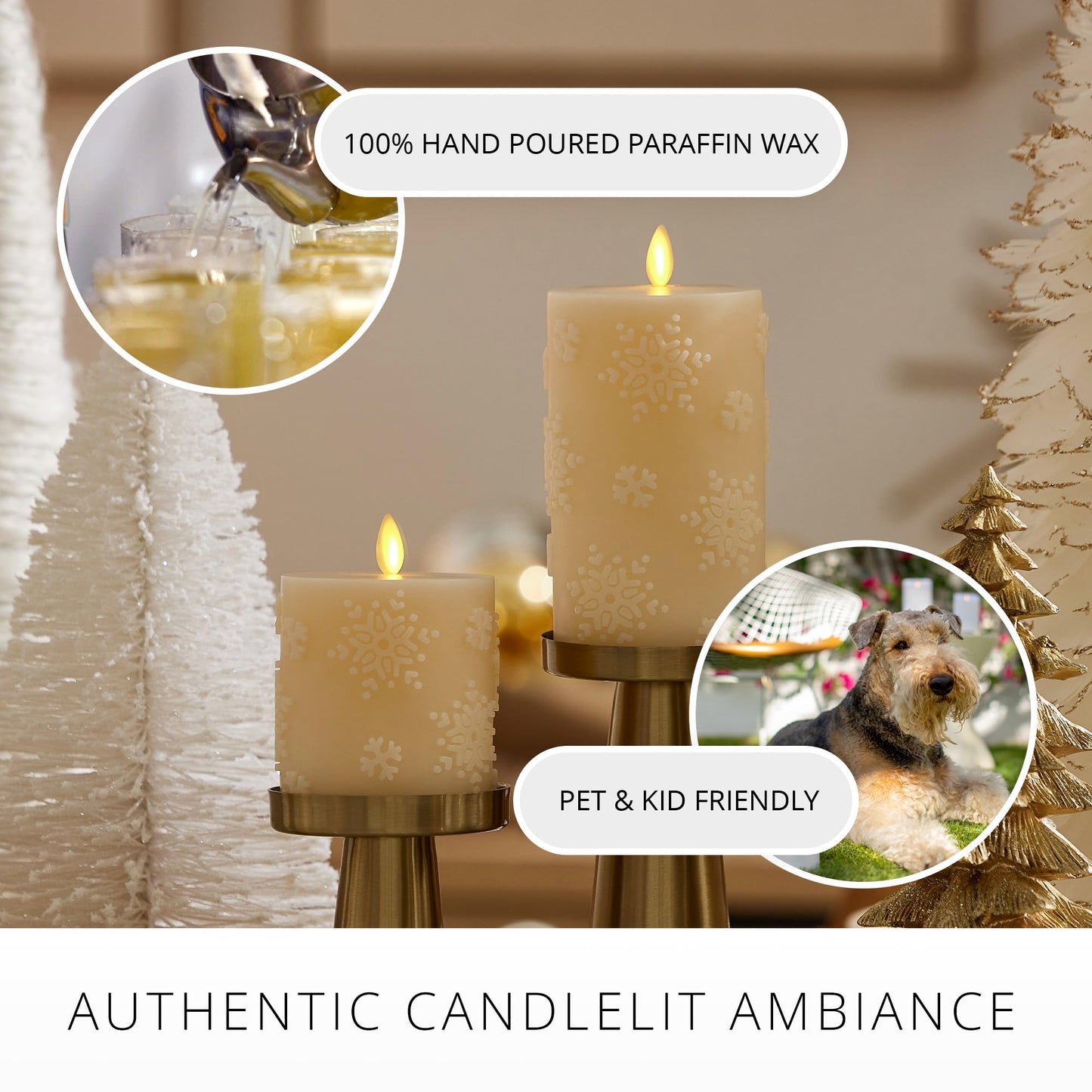 Luminara White Swan Snowflake Embossed Flameless LED Candle, 3.2" x 6.5", Moving Flame, Safe Timer Feature, Real Wax, Battery Operated Home Décor