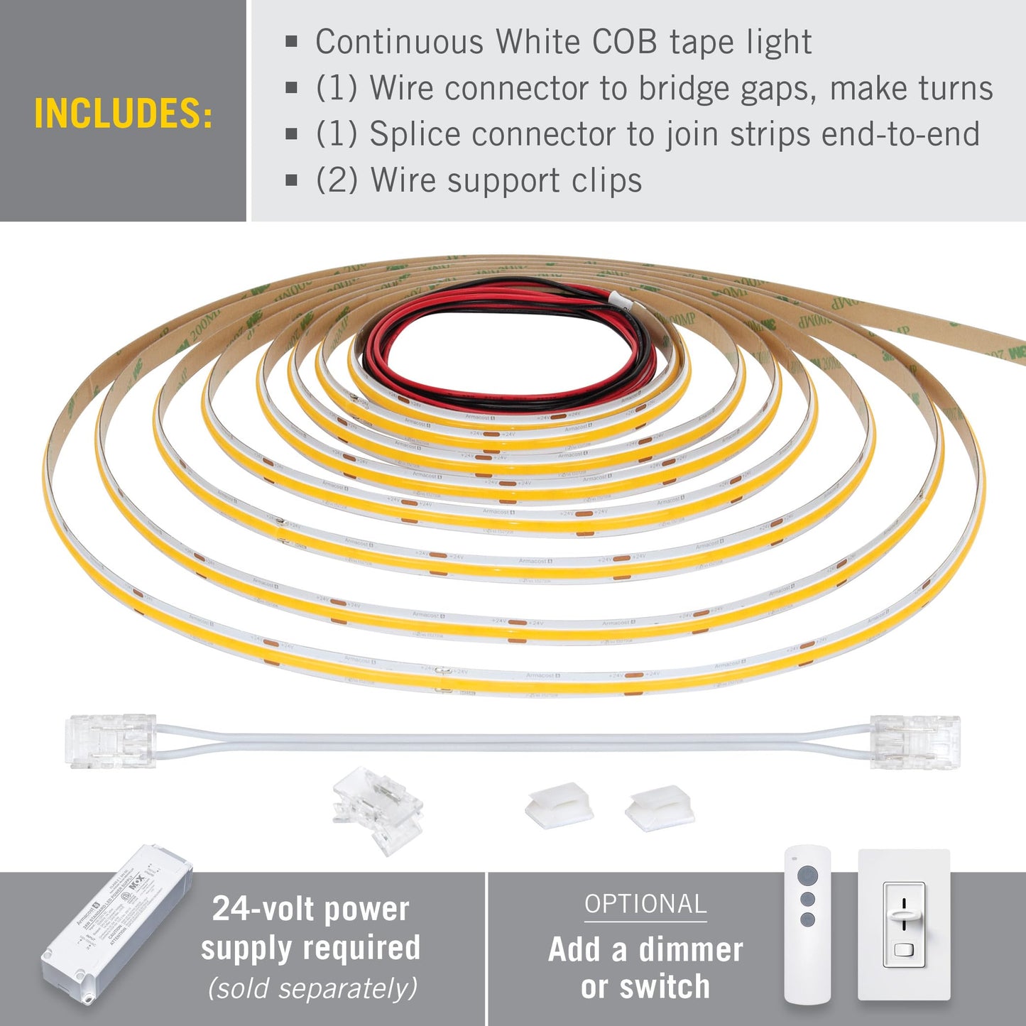 Armacost Lighting RibbonFlex Pro 24V White COB LED Strip Light Tape 4000K, 165 Lumens/Ft, 10M 171350
