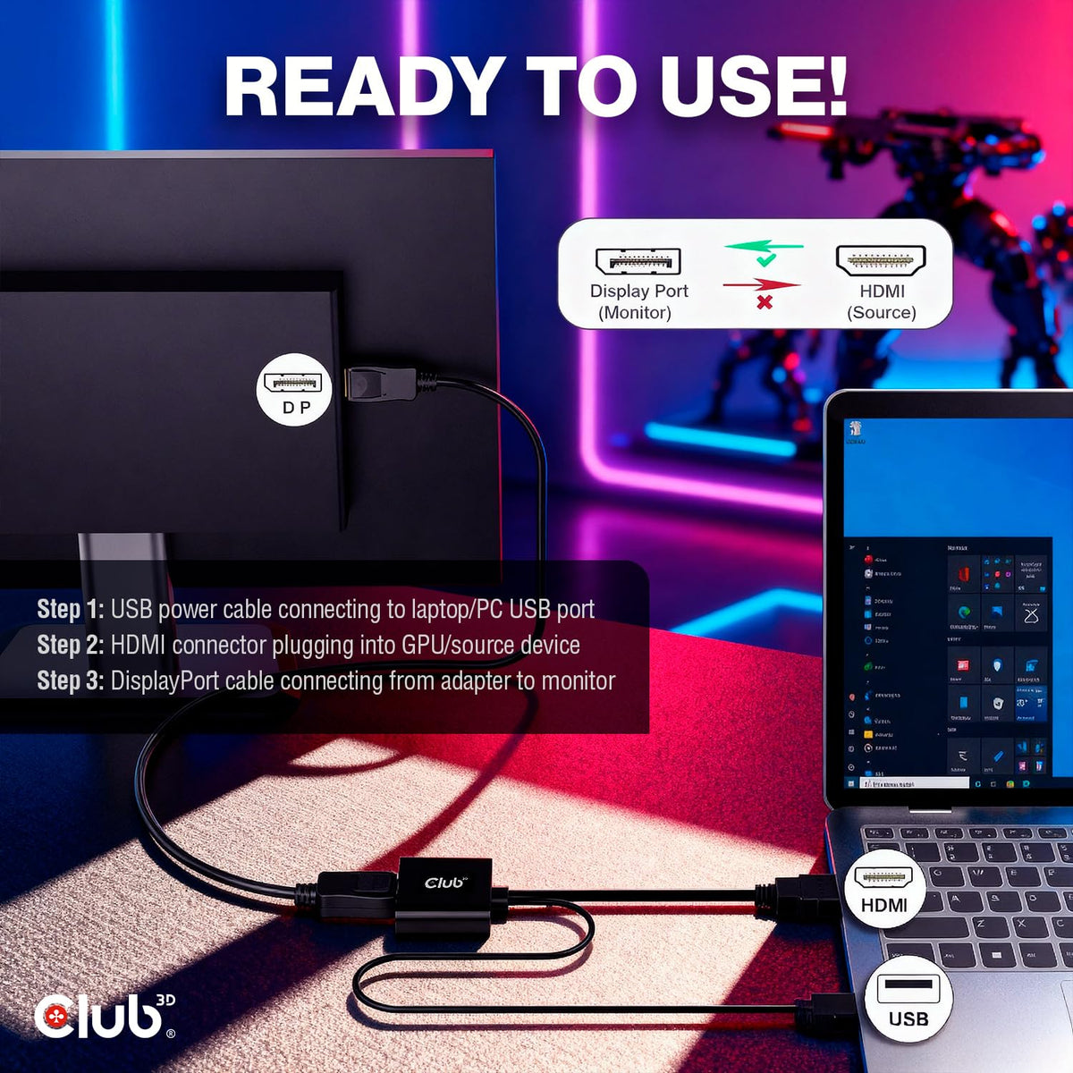 Club 3D HDMI 2.1 to DisplayPort 1.4 Active Adapter Cable - 4K 120Hz 8K 30Hz Converter for PC Laptop Gaming Console to Monitor - USB Powered Male