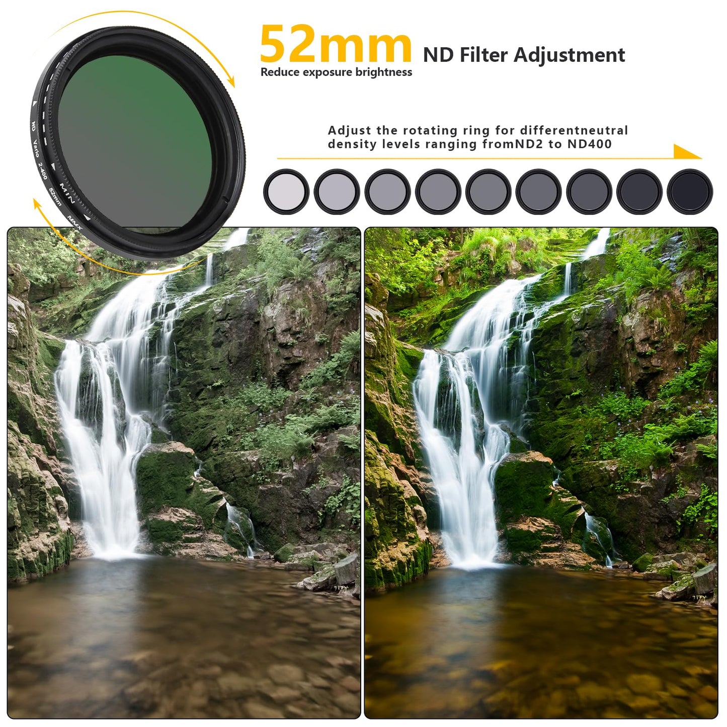 52MM Variable ND2-ND400 Filter, Ultra Slim Multi-Coated Adjustable Neutral Density Filter, Clip-on Phone Lens ND Filter Kit, Compatible for iPhone 15