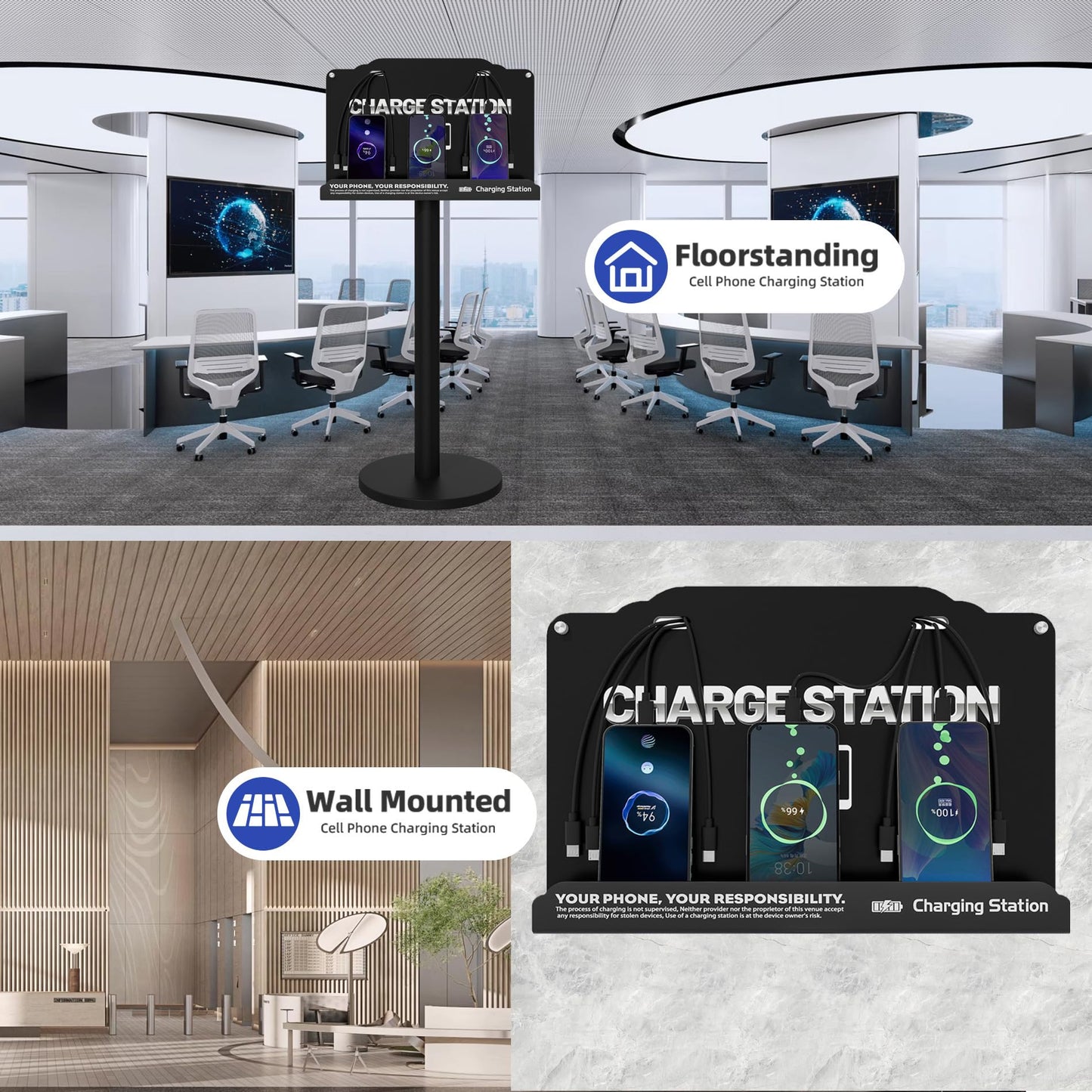 Floor Standing Cell Phone Charging Station with Fast Charigng Cables - 8 Device Charging Dock for Office, Hotel & Public Spaces | Compatible