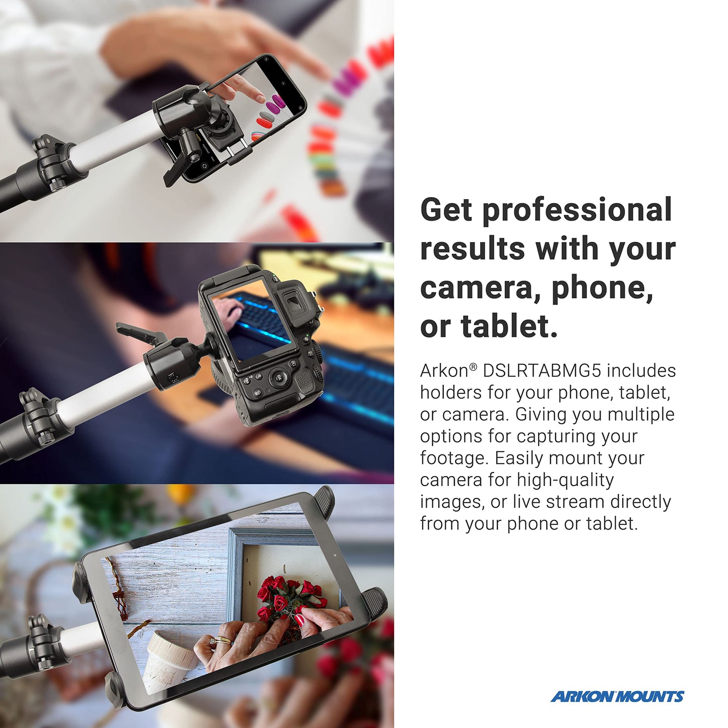 ARKON Mounts Overhead Camera Mount | Includes Ceiling Mount Bracket, Phone Holder, Tablet Holder, & Camera Mount | 360° Adjustable | Durable & Super