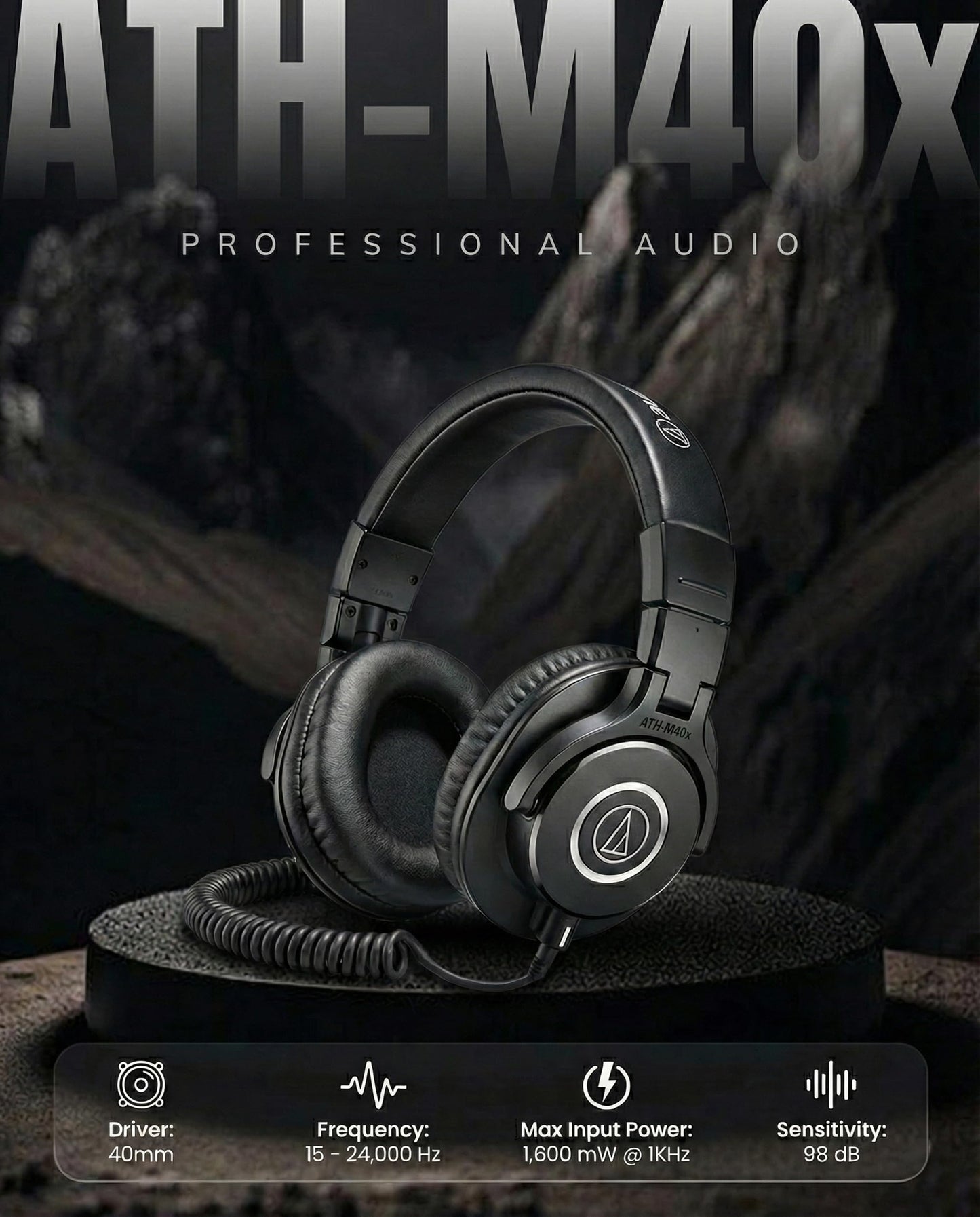 Audio-Technica ATH-M40x Professional Monitor Headphones - Black Bundle with Case, Stand, Pouch, and Austin Bazaar Polishing Cloth