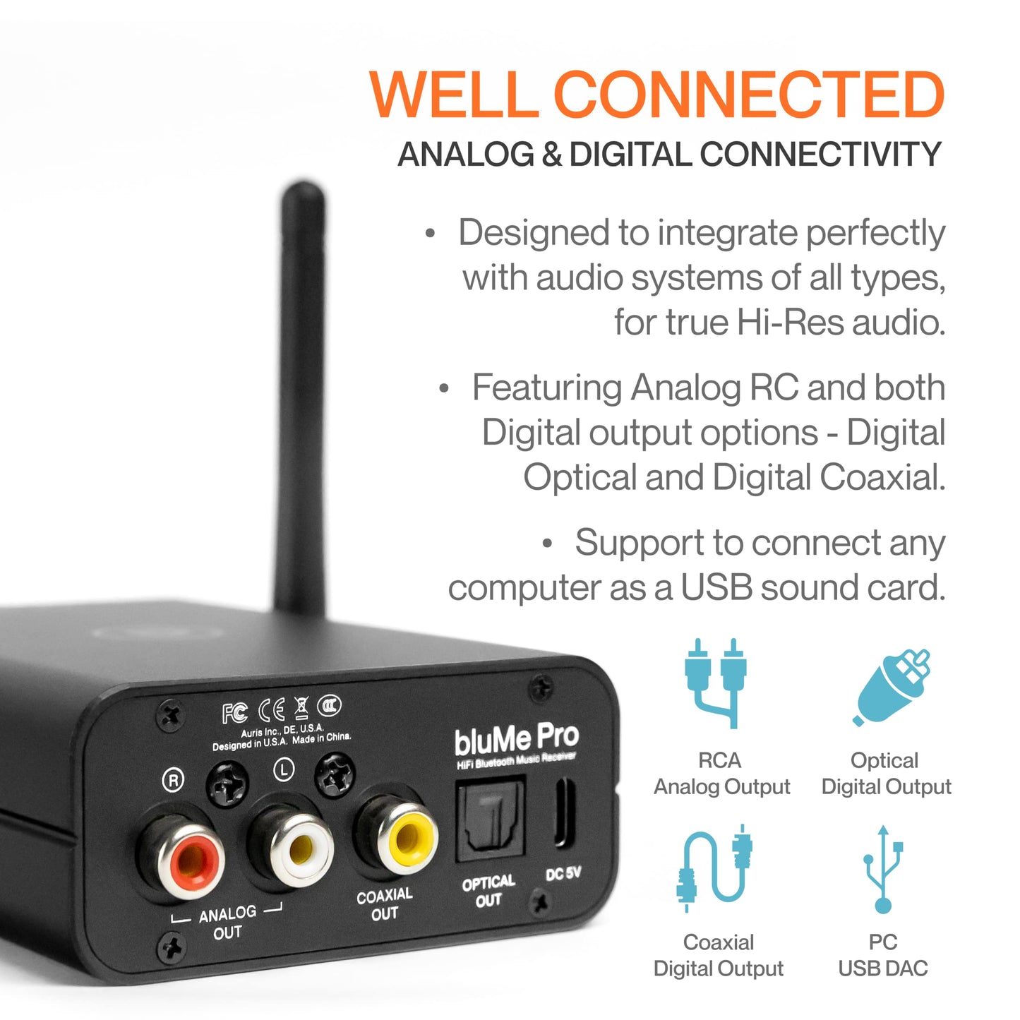 Auris Blume Pro HiFi Bluetooth 5.3 Music Receiver Long Range Bluetooth Adapter with Audiophile DAC, LDAC, aptX HD, OLED Display & Optical Coaxial AUX