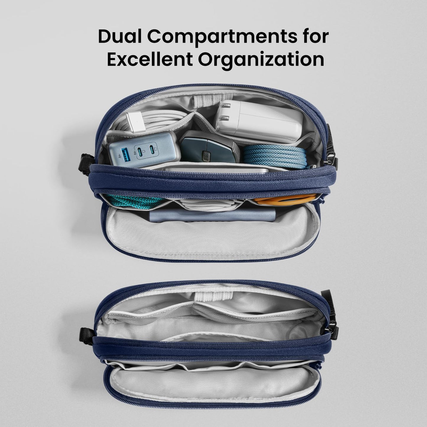 tomtoc Electronic Organizer Travel Case, Water Resistant Dual Compartment Tech Pouch Cable Organization Storage Bag for Charger, Cord, Phone, Hard