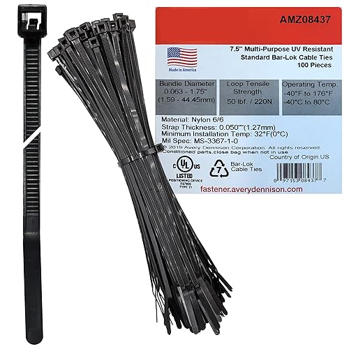 Bar Lok 7.5” Zip Ties - 100 Pieces, Black - Made in America - Weather, UV & Impact Resistant Plastic Cable Ties for Binding Bundling & Organizing Wire