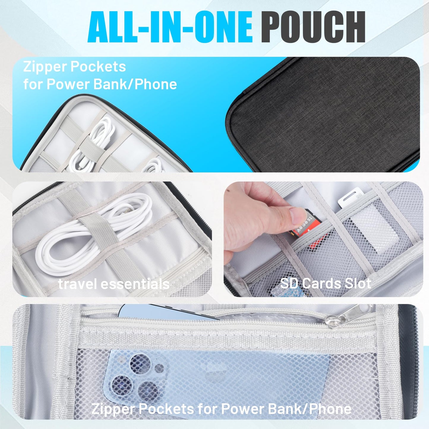 YONSEN Travel Cable Organizer Bag, Electronics Organizer Tech Pouch with Double Layers for Cords, Chargers, Phone, Earphones, USBs, SD Cards - Travel