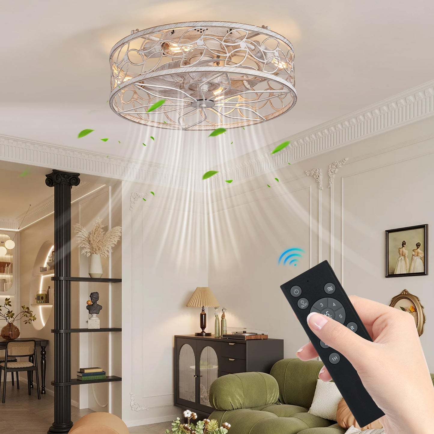 YIHANTLZ 18" Modern Ceiling Fan Light with Remote, 6-Speed Ultra Quiet 35dB Reversible Flush Mount Fan with Light, Vintage Industrial Design