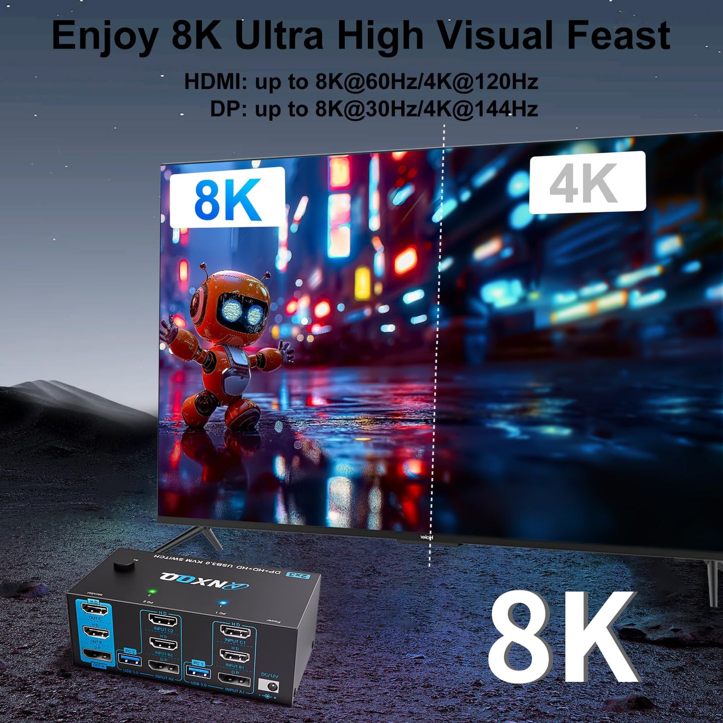 KVM Switch 3 Monitors 2 Computers, ANXQQ 8K@60Hz 4K@144Hz Monitor Switch for 2 Computers, KVM Switch Displayport HDMI with Power Adapter and Wired