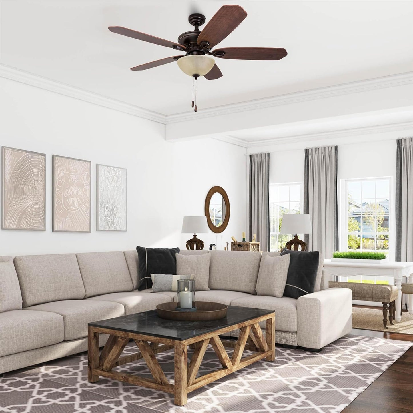 Prominence Home Spring Hollow LED Ceiling Fan with Light, Pull Chain, 3 Mounting Options, 5 Dual Finish Blades and Reversible Motor, 52", Bronze
