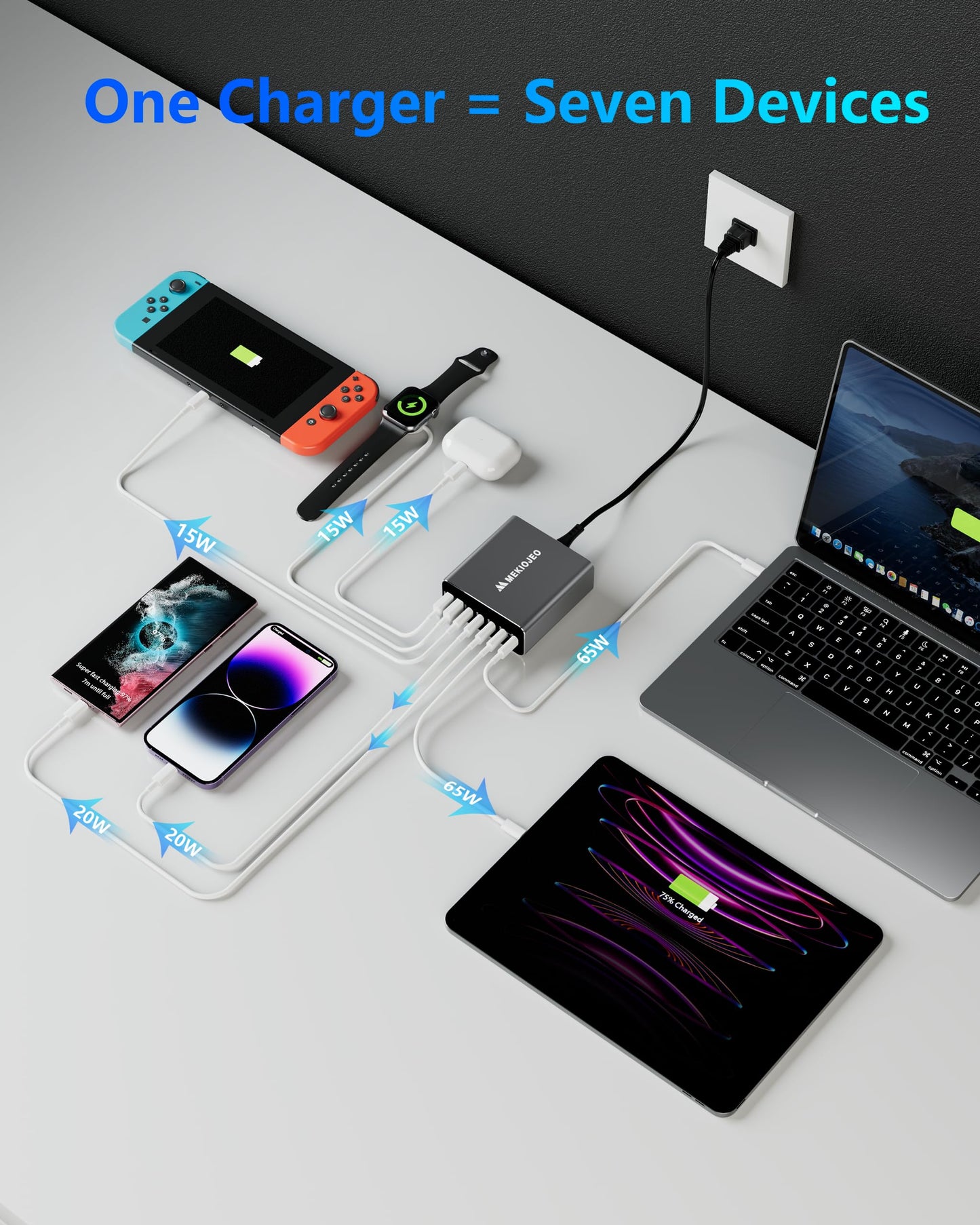 Aluminum Alloy 260W USB C Charger GaN Fast USB C Charging Station 7 Ports 65W Laptop Charger for MacBook Pro/Air/iPad Pro/iPhone (Gray)