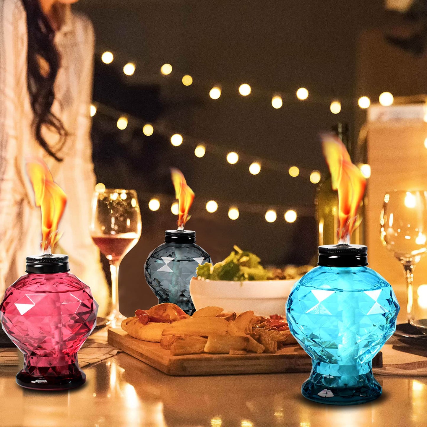 DIKAIDA 4 Pack Glass Table Torch,Citronella Glass Table top Torches with Wick and Cap for Outdoor ,Refillable Torches Landscape Lanterns Torches