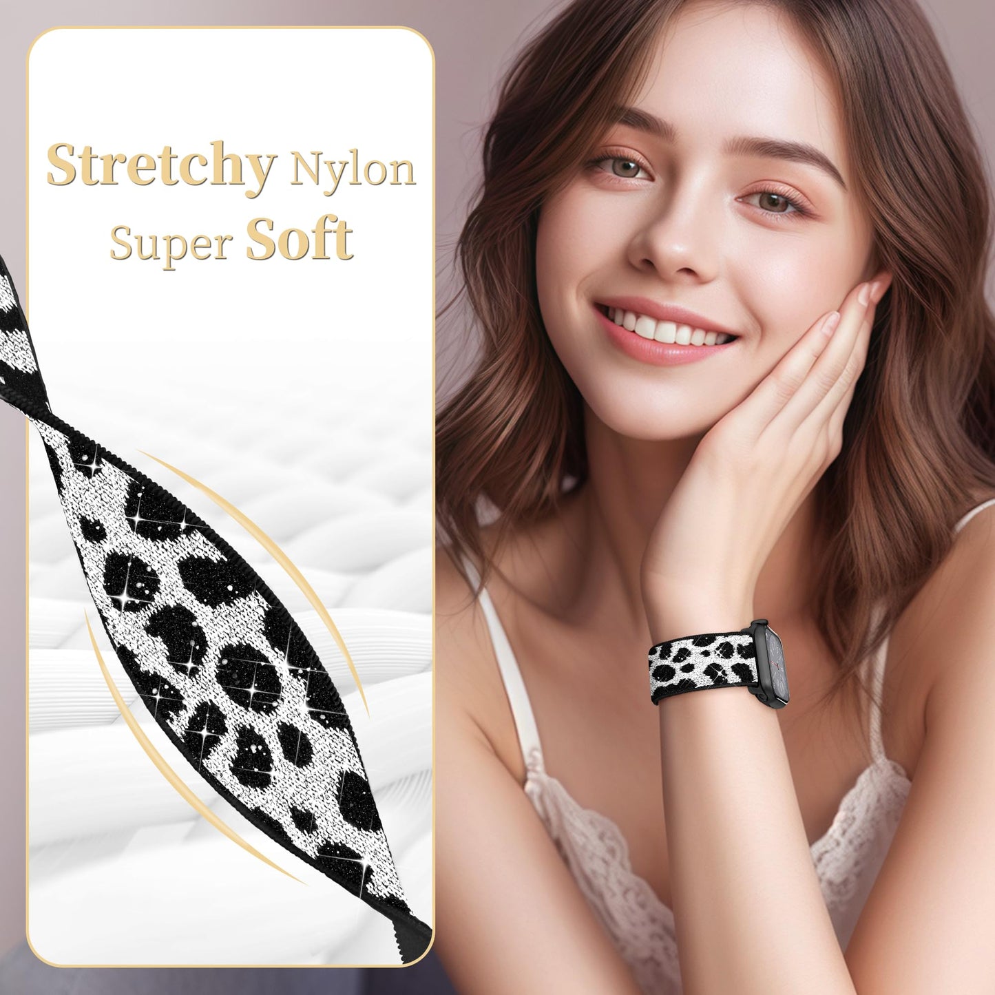 wipalor Bling Leopard Band Fit Apple Watch Bands for Women 46mm 44mm 45mm 42mm 49mm, Stretchy Nylon Sport iWatch Bands for Leopard iPhone Watch Series
