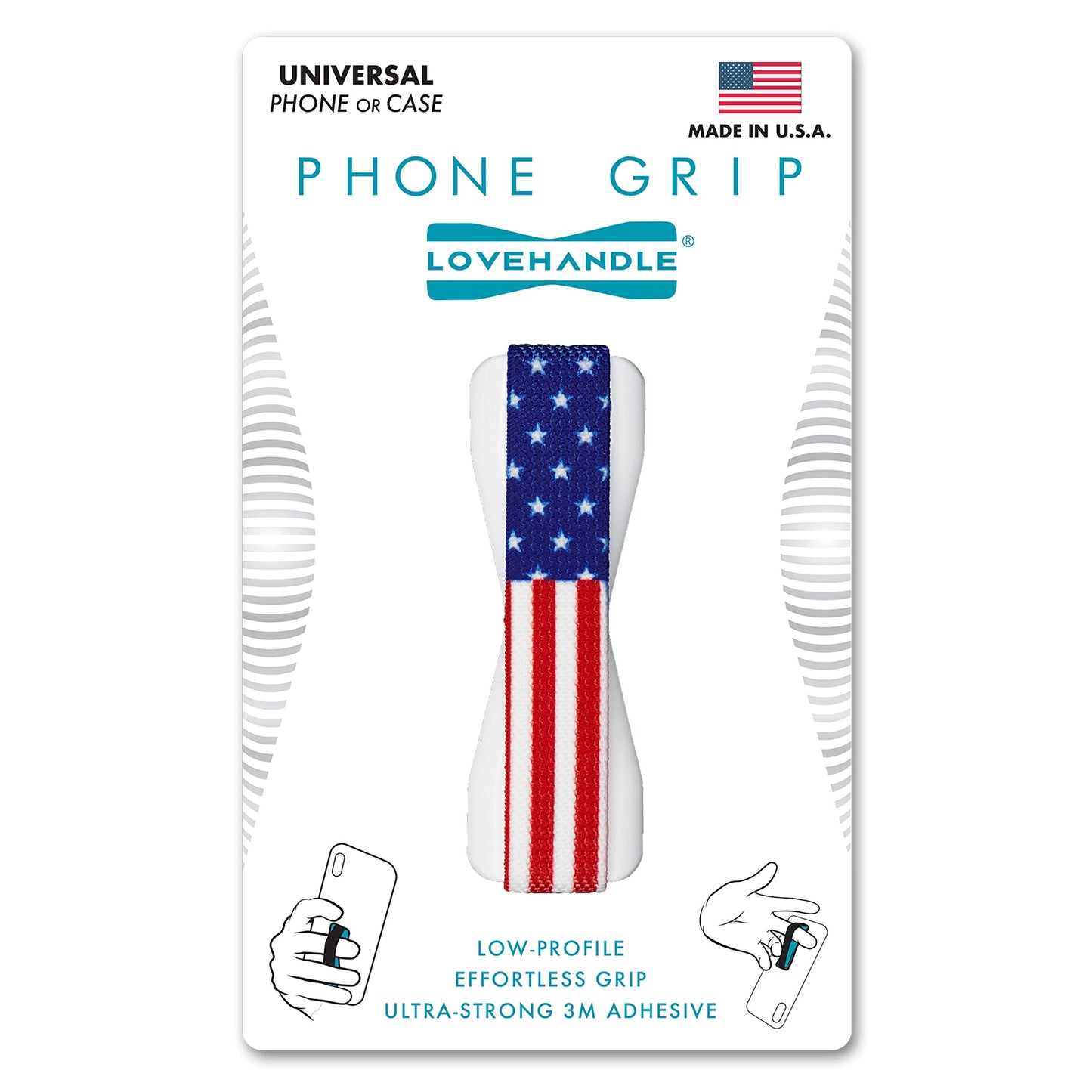 LoveHandle Universal Phone Grip for Most Smartphones, Mini Tablets and Cases, USA Flag Colored Elastic Strap with White Base, LH-01USAFlagWhite