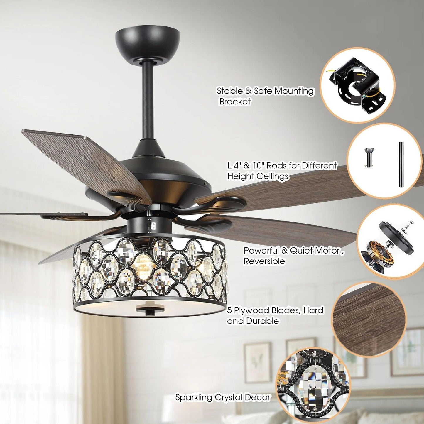 Vaczon 52 Inch Ceiling Fan with Light & Remote - Farmhouse Caged Fandelier, Crystal Ceiling Fan with 6 Speeds,Reversible Motor