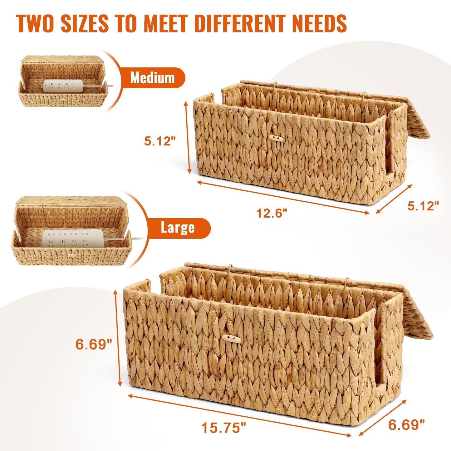 Posprica Cable Management Box with Lid, 2Pack Handwoven Real Water Hyacinth Cord Hider Organizer Boxes, 2 Side Open Slots Storage Box to Hide Cords