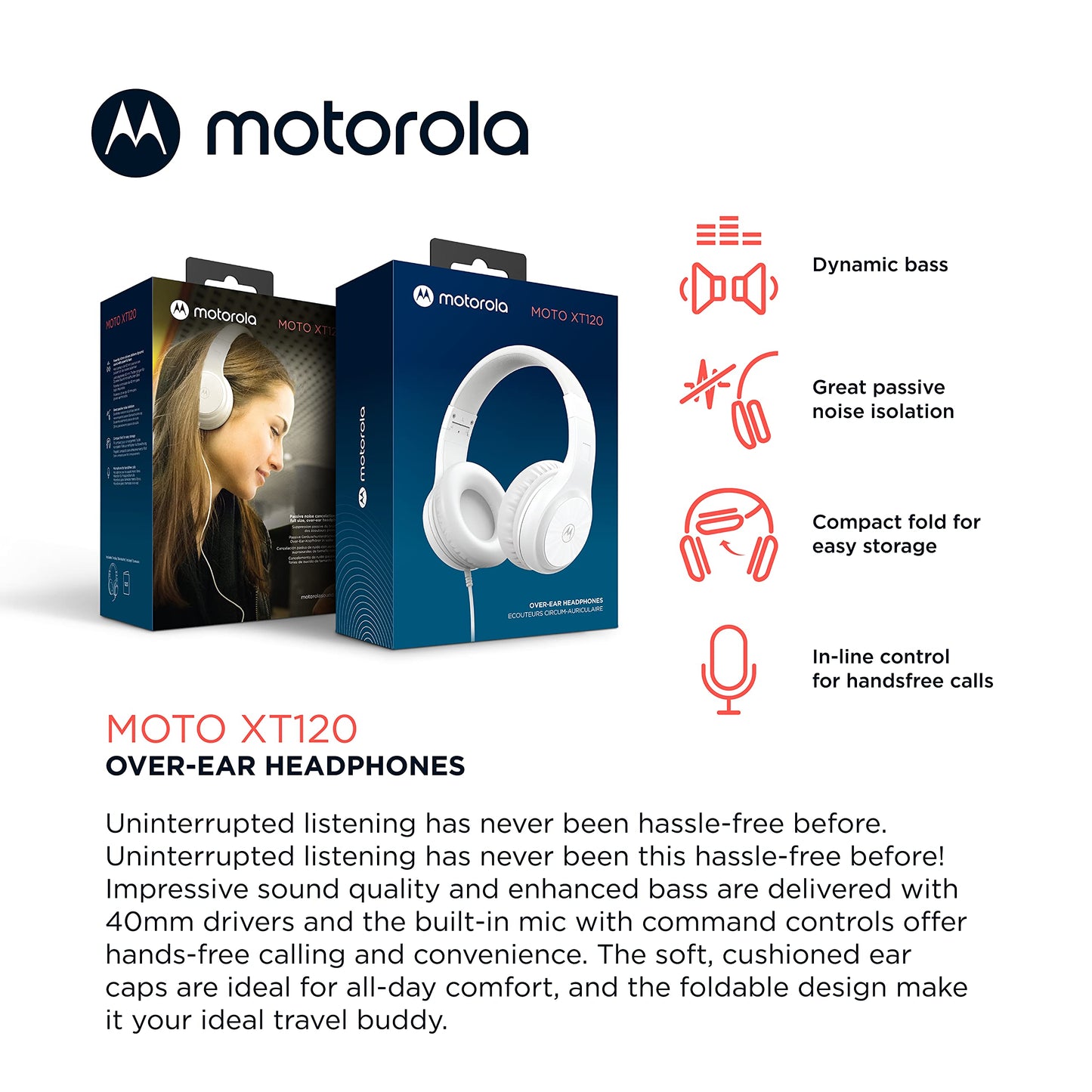 Motorola Sound Moto XT120 Over Ear Headphones Wired with Microphone, in-Line Command Control for Calls - Foldable Wired Headphones with Adjustable…