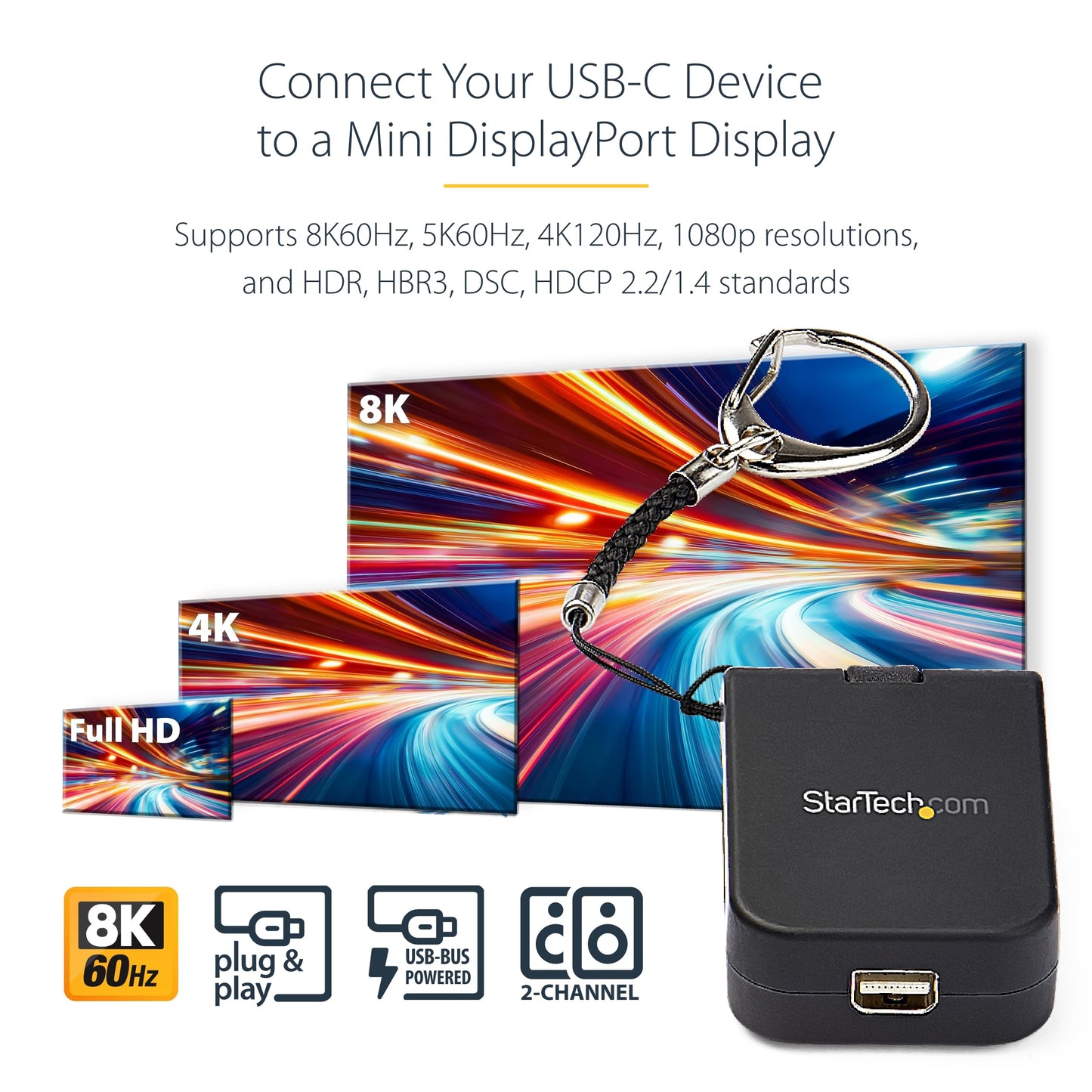 StarTech.com Compact USB C to Mini DisplayPort Adapter - 8K 60Hz/4K USB-C to mDP 1.4 Video Converter w/Keychain Ring - USB Type-C DP Alt Mode (HBR3