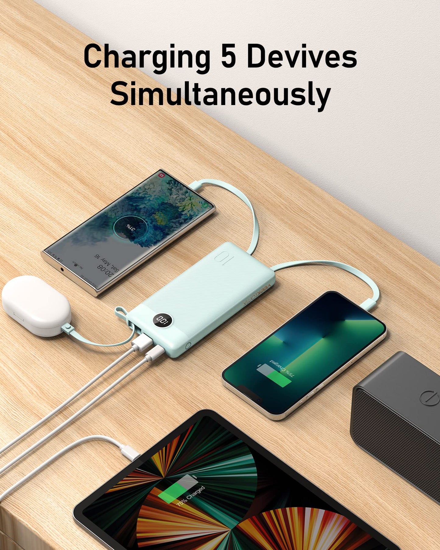 VEEKTOMX 10000mAh Portable Charger with Built-in Cables, Fast Charge Power Bank for iPhone 16/15/14 Samsung Android, USB C Battery Pack with iPhone
