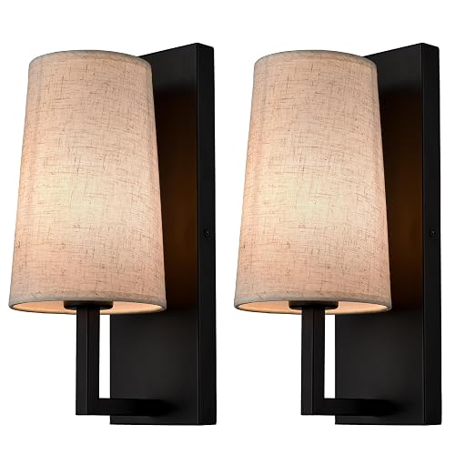 TEENYO Farmhouse Black Wall Sconces Set of Two Modern 1-Light Hardwired Matte Black Wall Lamp with Fabric Shade Sconces Wall Lighting for Bedroom