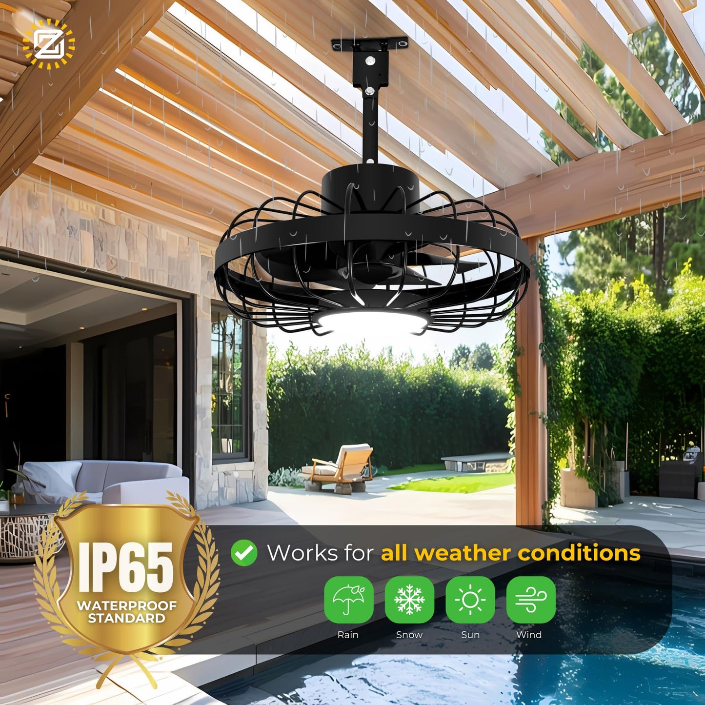 ZeboZap 16" Outdoor Ceiling Fan with Lights, IP65 WaterProof with for Patios, Canopy, Gazebo, and Pergola. Plug in Caged Fan with Remote Control