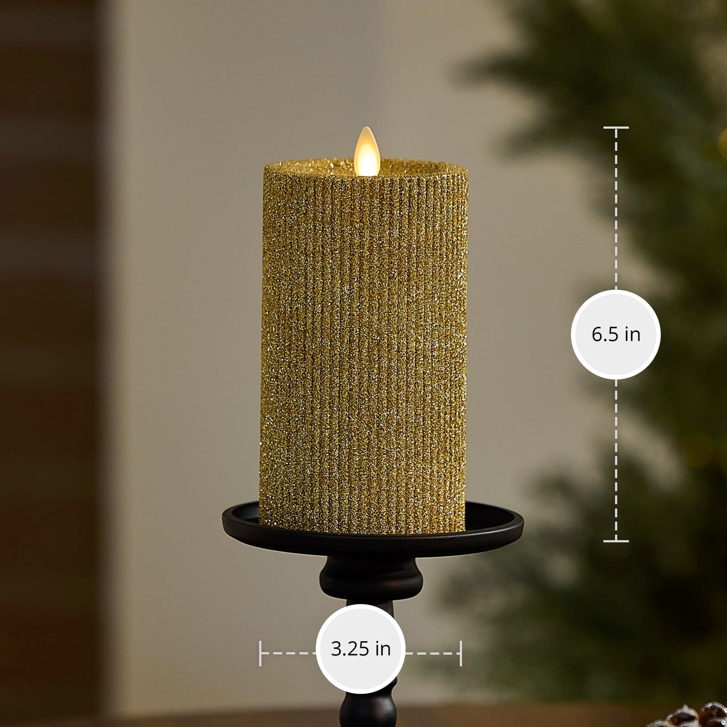 Luminara Rich Gold Glitter Ribbed Flameless LED Candle Moving Flame Pillar, Real Wax, Flat Top, Timer (3.25" x 6.5")