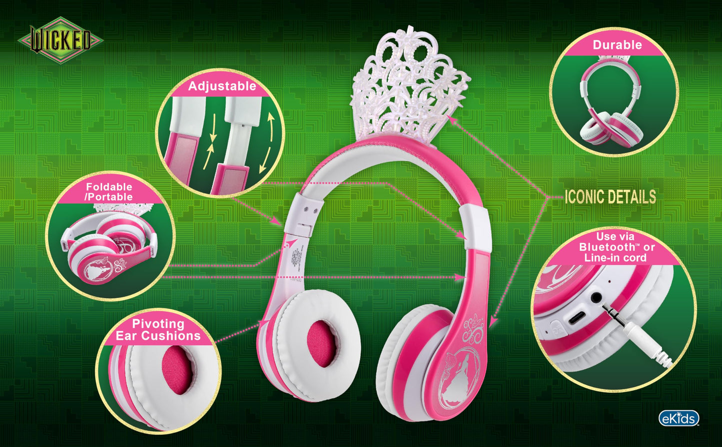 Wicked Glinda Bluetooth Headphones for Kids, Wireless Headphones for School, Home or Travel