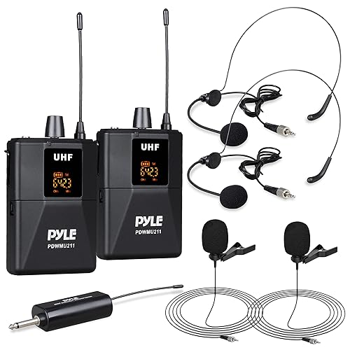 Pyle Dual UHF Microphone System - Portable Professional Cordless Microphone Set Wireless Mic Kit w/Headset / Lavalier Mic, Beltpack Transmitter