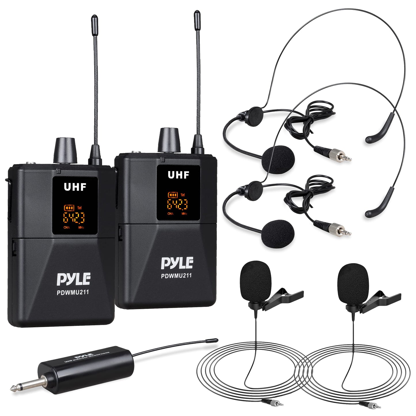 Pyle Dual UHF Microphone System - Portable Professional Cordless Microphone Set Wireless Mic Kit w/Headset / Lavalier Mic, Beltpack Transmitter