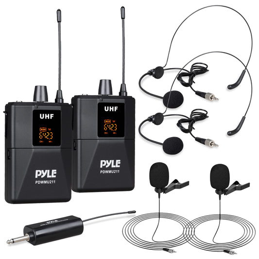 Pyle Dual UHF Microphone System - Portable Professional Cordless Microphone Set Wireless Mic Kit w/Headset / Lavalier Mic, Beltpack Transmitter