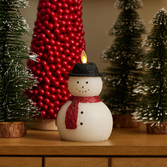 Luminara Flameless Christmas Decor - Snowman Figural LED Candle Orange Natural Color, White, 3.8" x 6" Real Wax Moving Flame Battery Operated w/Timer