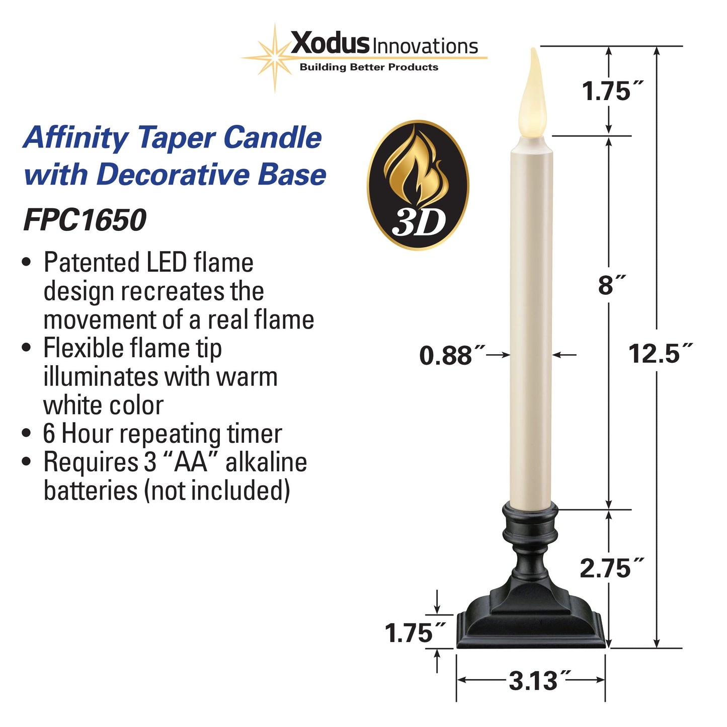 Xodus Innovations FPC1650-4 Battery Operated Flameless 12 inch Taper Candle and Base with 3D Warm White Flickering Flame and 6 Hour Automatic Timer