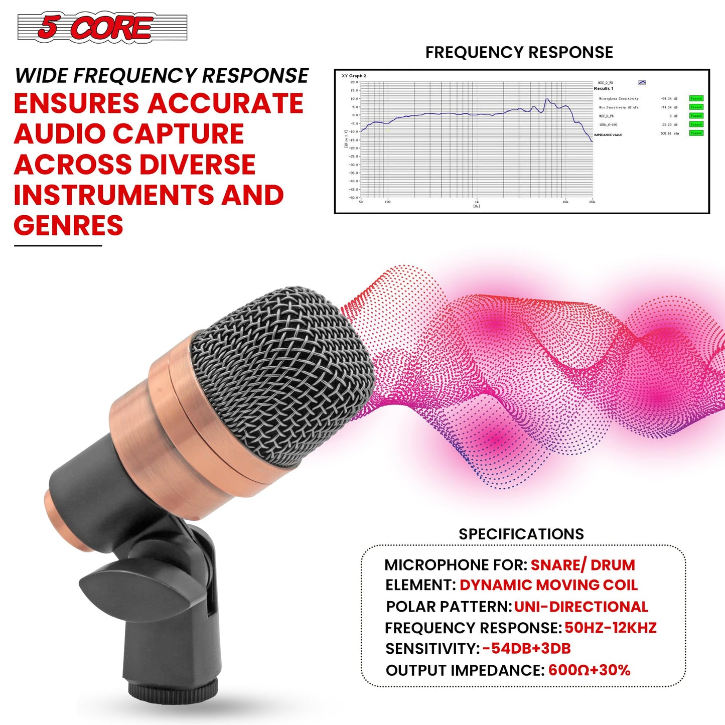 5 CORE Snare Microphone Copper Finish XLR Wired Cardioid Uni Directional Tom Kick Drum Mic w Swivel Mount Steel Mesh Grille Rim Mount Snare XP COPPERX