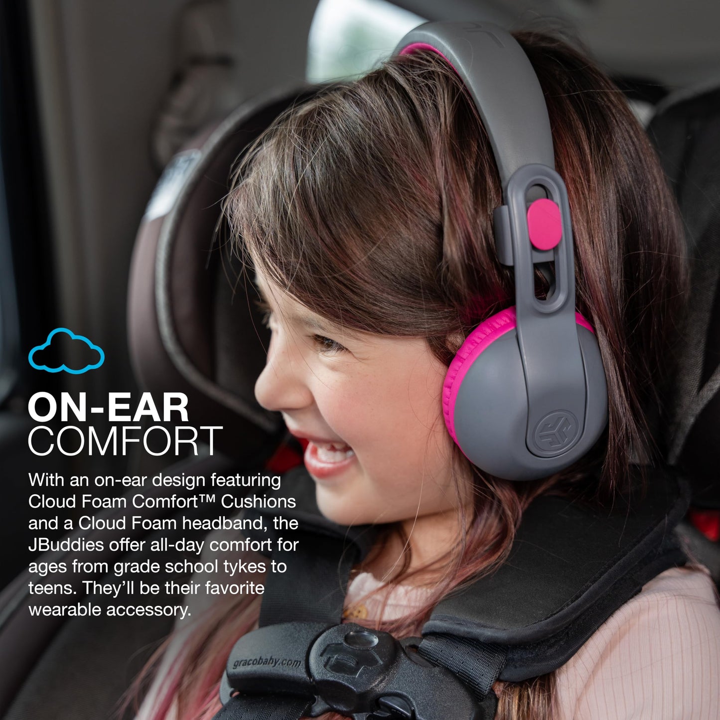 JLab, JBuddies Studio 2, Kids Headphones, Wireless Bluetooth On Ear, Volume Limiting, Foldable, Grey/Pink