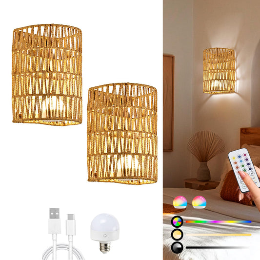 NOVCAND Boho Rattan Wall Sconces Set of 2, Battery Operated Wireless RGB Wall Lights, 15 Colors Dimmable No Wire Woven Decor for Bedroom, Living Room