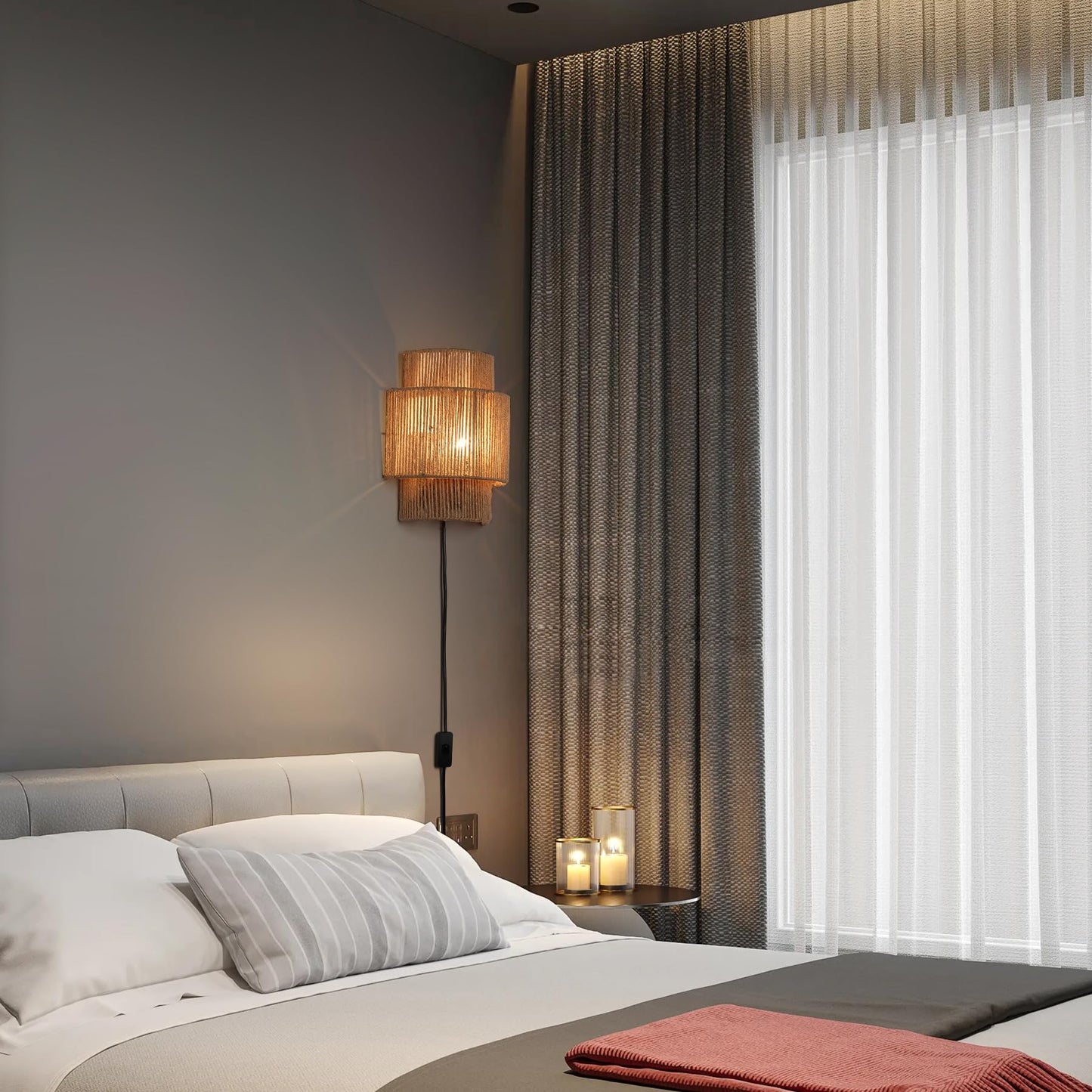 ATALUZ Rattan Farmhouse Plug in Wall sconces for Bedroom, Vintage Fabric Ambient Wall lamp